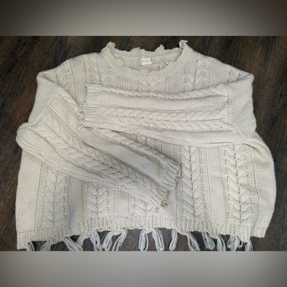 Altar'd State Ivory Cable-Knit Fringe Pullover